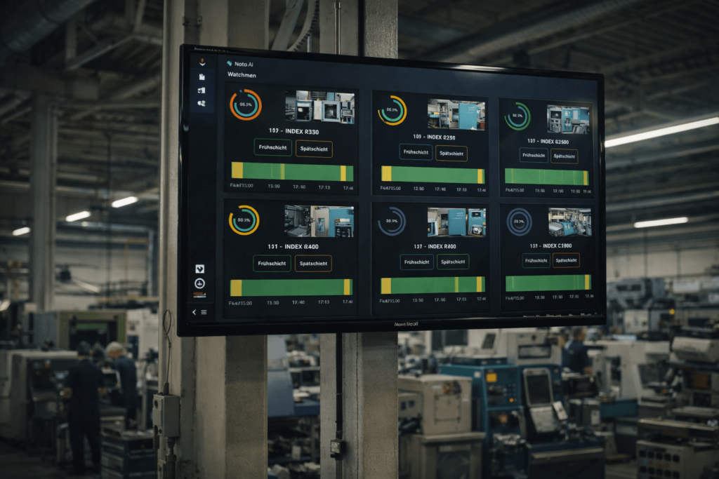 Gro&szlig;er Hallenmonitor zeigt das WatchMen Produktionsdashboard mit OEE-Werten, Maschinenstatus und Schicht&uuml;bersicht mehrerer CNC-Maschinen in einer Fertigungshalle.