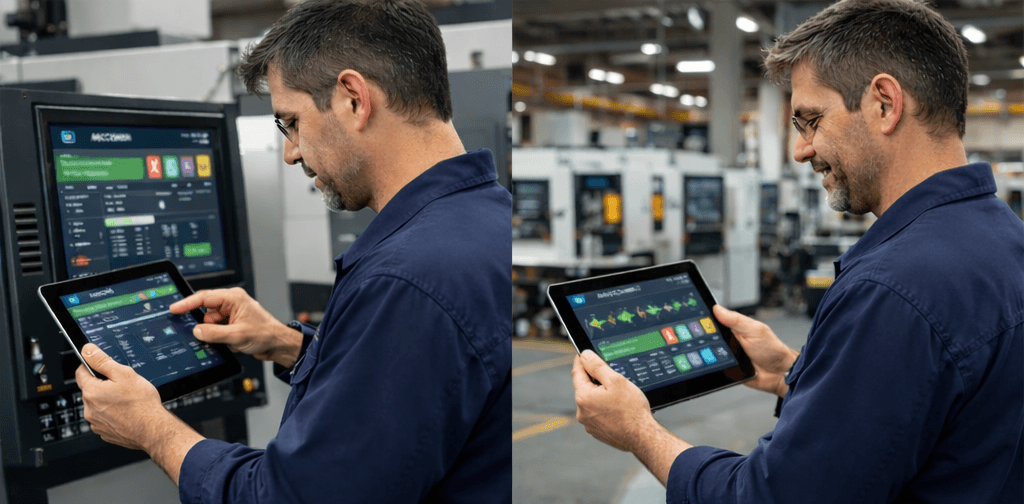 Zwei Ansichten einer Person mit Tablet in einer CNC-Fertigung: am station&auml;ren Bedienpanel und vor einer Maschinenreihe.