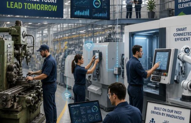 &Auml;ltere Werkzeugmaschine neben modernen CNC-Anlagen und Roboterarm; Besch&auml;ftigte bedienen vernetzte Maschinen und ein Laptop-Dashboard.