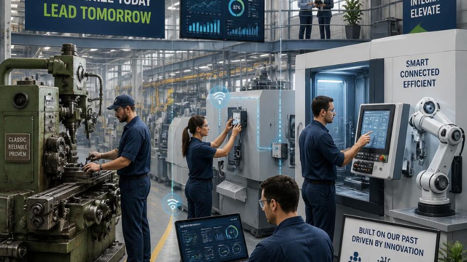 Ältere Werkzeugmaschine neben modernen CNC-Anlagen und Roboterarm; Beschäftigte bedienen vernetzte Maschinen und ein Laptop-Dashboard.