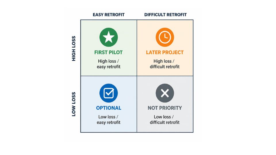 Vierfeldermatrix nach Verlusth&ouml;he und Retrofit-Aufwand: erster Pilot, sp&auml;teres Projekt, optional oder nicht priorit&auml;r.