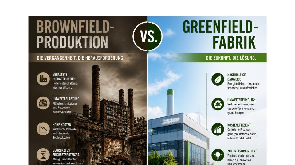 Vergleichsgrafik &bdquo;Brownfield-Produktion vs. Greenfield-Fabrik&ldquo; mit alter Industrieanlage und modernem Fabrikgeb&auml;ude.