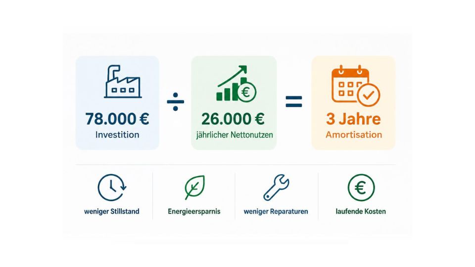 Beispielrechnung: 78.000 Euro Investition geteilt durch 26.000 Euro j&auml;hrlichen Nettonutzen ergeben drei Jahre Amortisation.