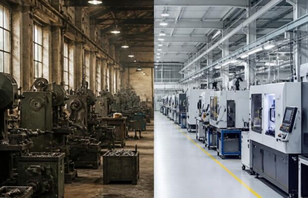 Homepage_de 54 Links ältere Werkzeugmaschinen in einer Industriehalle, rechts moderne CNC-Maschinen in einer hellen Fertigung.