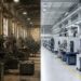 Links ältere Werkzeugmaschinen in einer Industriehalle, rechts moderne CNC-Maschinen in einer hellen Fertigung.