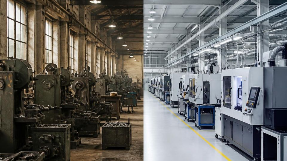 Links ältere Werkzeugmaschinen in einer Industriehalle, rechts moderne CNC-Maschinen in einer hellen Fertigung.