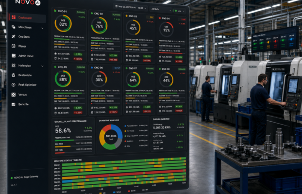 Homepage_de 54 Illustriertes Produktionsdashboard vor einer CNC-Fertigung mit OEE-Kacheln, Stillstandsdiagramm und farbigen Maschinenstatus-Zeitachsen.