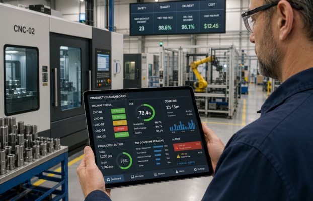 Person hält ein Tablet mit Produktionsdashboard vor einer CNC-Maschine; angezeigt werden Maschinenstatus, OEE und Stillstandsgründe.