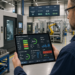 Person hält ein Tablet mit Produktionsdashboard vor einer CNC-Maschine; angezeigt werden Maschinenstatus, OEE und Stillstandsgründe.