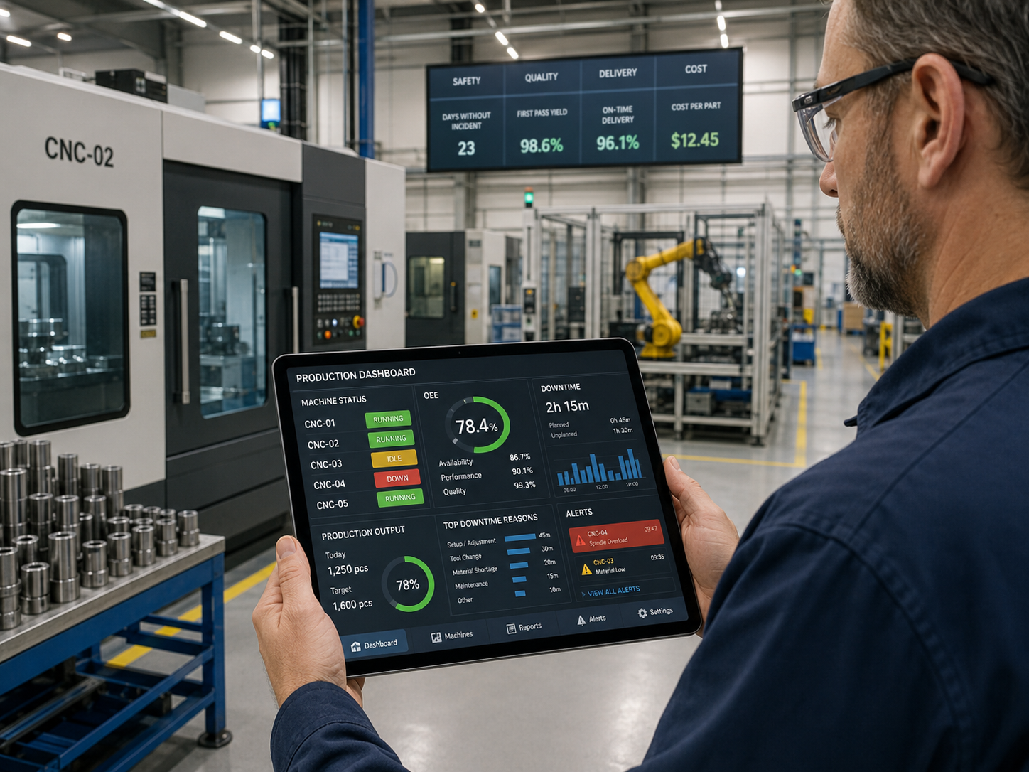Person hält ein Tablet mit Produktionsdashboard vor einer CNC-Maschine; angezeigt werden Maschinenstatus, OEE und Stillstandsgründe.