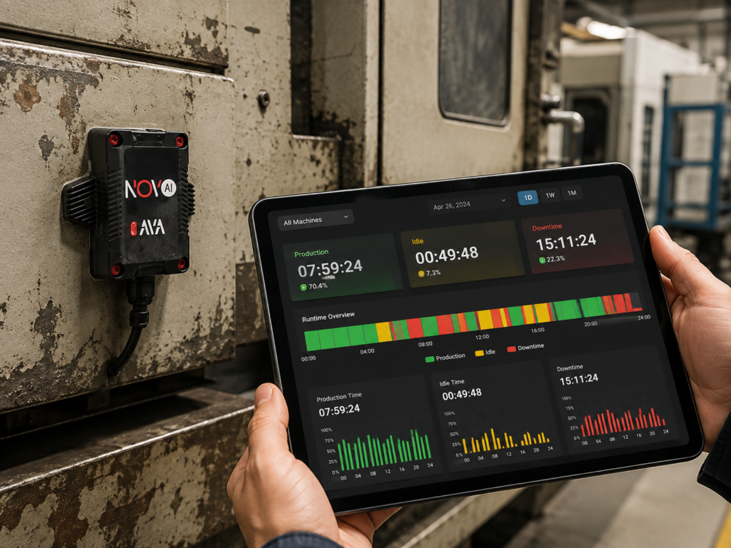 AVA-Sensor an einer &auml;lteren Maschine neben einem Tablet mit gr&uuml;n, gelb und rot dargestellten Produktions- und Stillstandszeiten.